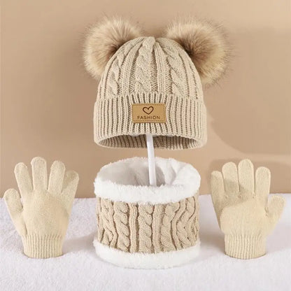 Toddler Kids Pom Pom Decor Beanie & Infinity Scarf & Gloves Boys Girls Winter Warm Suit