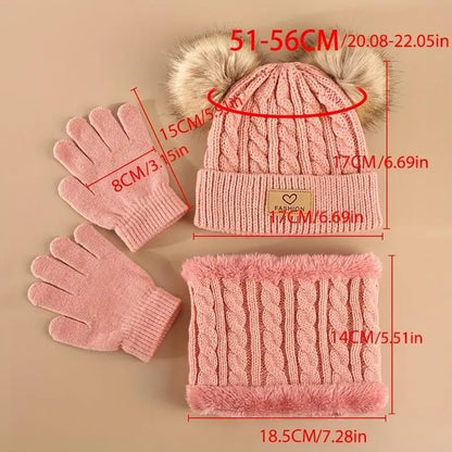 Toddler Kids Pom Pom Decor Beanie & Infinity Scarf & Gloves Boys Girls Winter Warm Suit