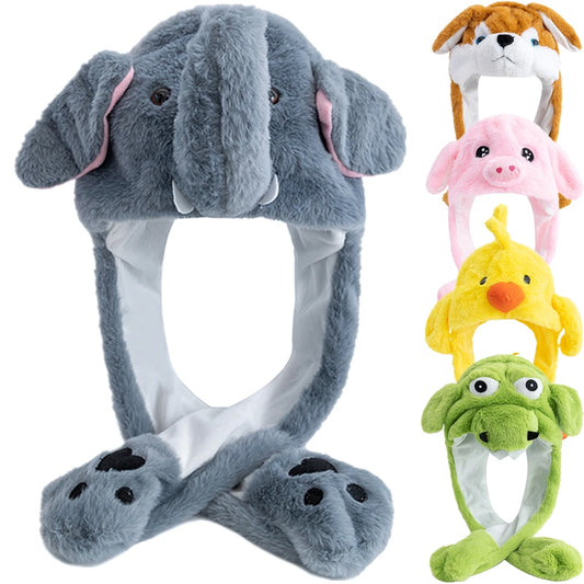 Unisex Plush Animal Hat – Cute Elephant & Rabbit Ears with Moving Design, Winter Warm Cap for Men & Women
