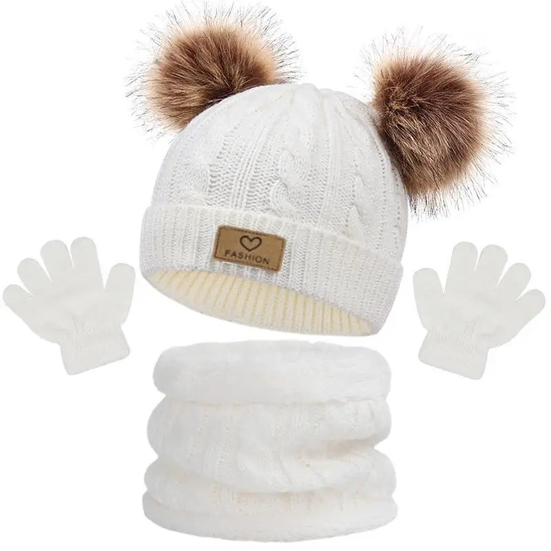 Toddler Kids Pom Pom Decor Beanie & Infinity Scarf & Gloves Boys Girls Winter Warm Suit