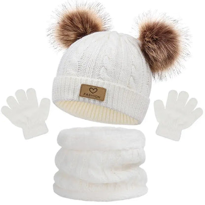 Toddler Kids Pom Pom Decor Beanie & Infinity Scarf & Gloves Boys Girls Winter Warm Suit