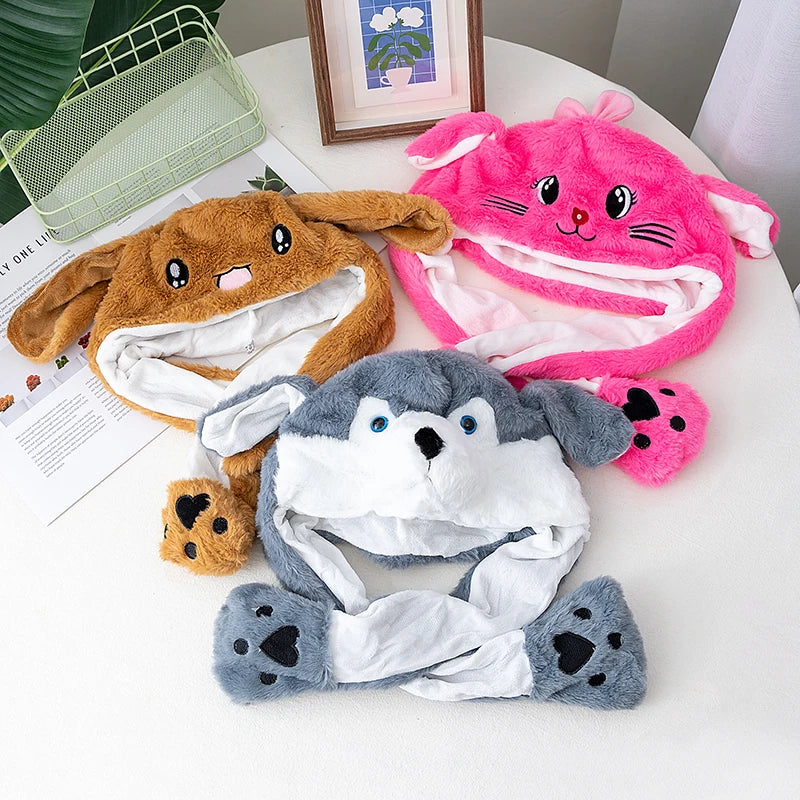 New Unisex Ear Hat Funny Little Yellow Chicken Couple Cute Ear Moving Up Cap Men Women Girls Rabbits Plush Winter Lovely Hats ﻿