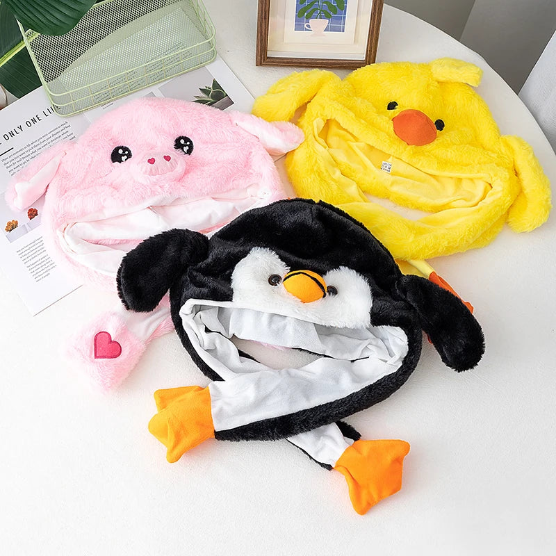 New Unisex Ear Hat Funny Little Yellow Chicken Couple Cute Ear Moving Up Cap Men Women Girls Rabbits Plush Winter Lovely Hats ﻿