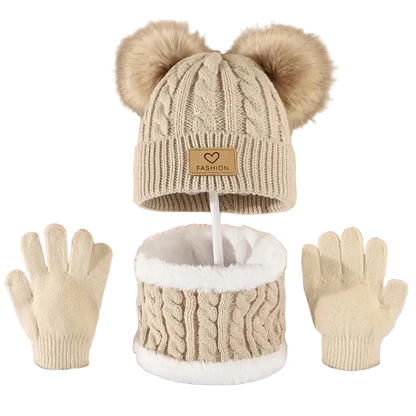 Toddler Kids Pom Pom Decor Beanie & Infinity Scarf & Gloves Boys Girls Winter Warm Suit