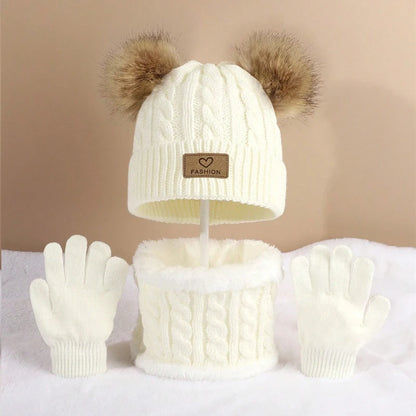 Toddler Kids Pom Pom Decor Beanie & Infinity Scarf & Gloves Boys Girls Winter Warm Suit